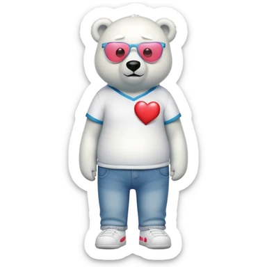 friendly anthropomorphised polar bear standing upright, looking chilled and unbothered, wearing a shirt, jeans, trainers, heart-shaped colorful glasses sticker