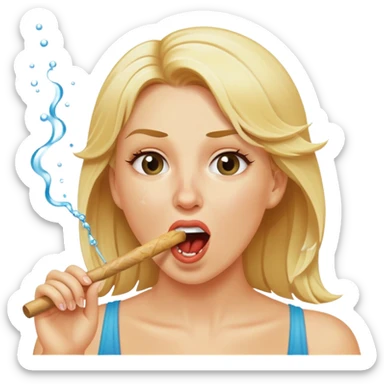 blond woman biting a wide skin-tone stick with a bite mark, water jet shooting from the stick into her mouth, surprised look sticker