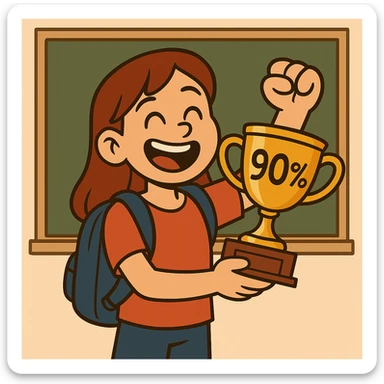 Change the student to a female student, keep the trophy labeled '90%', cartoon style, chalkboard background. sticker