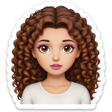 white girl with long voluminous dark brown curly hair with caramel highlights wearing a white top. Blush on the cheeks and big eyelashes and a brown-pink lip combo  sticker
