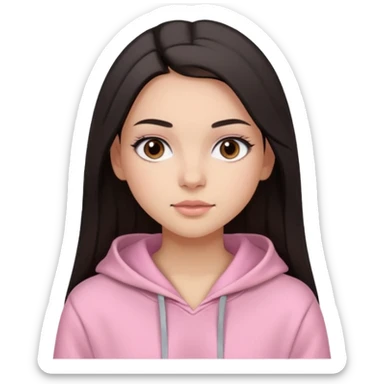 A pretty girl with light skin and long straight black brown hair, wearing a very light pink basic hoodie with brown eyes and makeup sticker