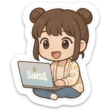 chibi sticker of a girl sitting happily at a laptop with The Sims 4 loading screen visible on the laptop display, brown straight hair in double buns, brown eyes, pastel floral cardigan, jeans, white outline, transparent background, 512x512px sticker