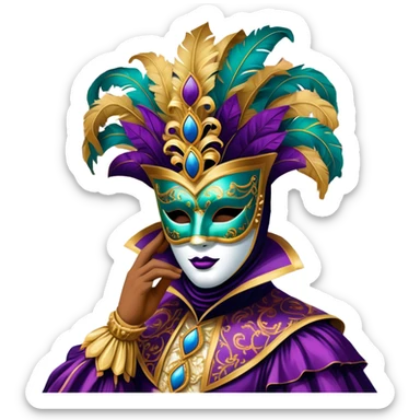 Venice Carnival performer – Cinematic Realistic Venice Carnival Performer, depicted in an opulent, elaborately masked costume with rich textures, vibrant colors, and dramatic, soft lighting, set against the historic backdrop of Venetian canals, capturing the mystery and extravagance of the carnival. sticker