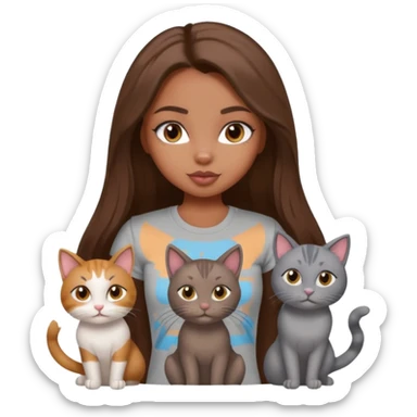 a pretty bratz dusky girl with long brown hair with four cats nd wearing a grey tshirt sticker