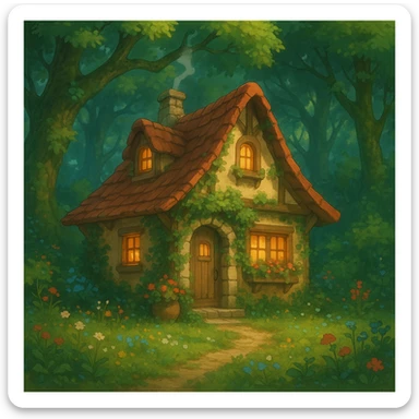cozy cottage in a magical forest sticker