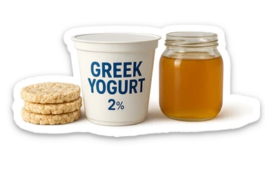 Yogurt Greco 2%
Miele (senza il cucchiaio di legno)
Gallette di Riso
vista frontale, iperrealistico 4k sticker