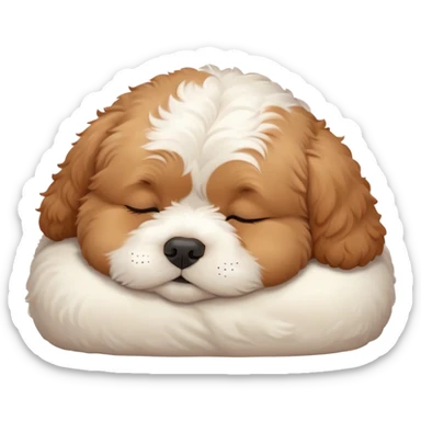 Cinematic Chubby Sleeping Cavoodle Portrait Emoji, Chubby and serene, with a round, cuddly build and a soft, curly apricot coat with subtle white patches, eyes gently closed in peaceful slumber, Simplified yet irresistibly endearing features, highly detailed, glowing with a gentle, dreamy glow, high shine, relaxed and content, stylized with a touch of whimsy, bright and heartwarming, soft glowing outline, capturing the essence of a blissfully sleepy companion, so comically serene it feels like it could roll out of the screen and snore with adorable charm! sticker