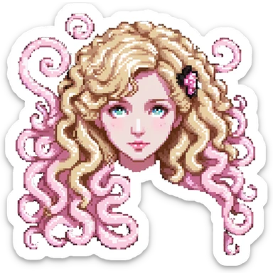 pale girl with curly medium-length blonde hair and baby pink swirls sticker