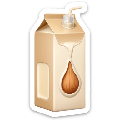 realistic almond milk carton or bottle, beige or off-white, minimalist, neutral cap or spout, simple almond illustration, no text or branding, smooth light creamy milk, no glass or extra elements, no faces, clean 3D, soft lighting, transparent background, emoji scale sticker