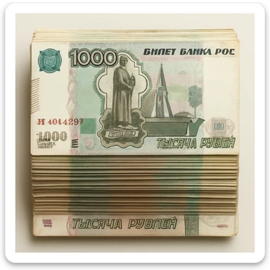 a stack of Russian ruble banknotes viewed from the top, showing the bills' details and colors sticker