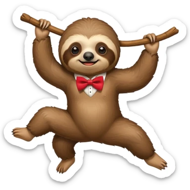 cute swinging Sloth on stick, red bow tie sticker