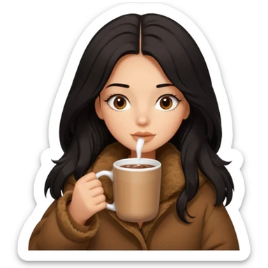 anned Girl with lashes , bright black long hair, in an extremely big fluffy brown oversized jacket, and drinking hot chocolate drink sticker