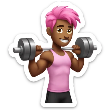 Muscular man lifting weights in a gym with pink hair sticker