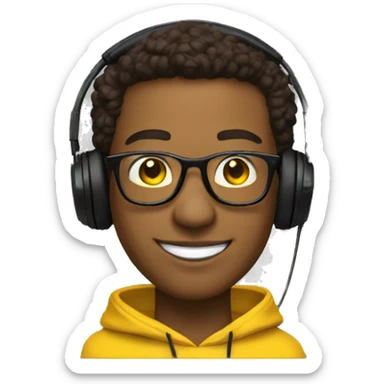 DJ brown skin, smiling, Yellow Pullover, headphones and withe glasses sticker