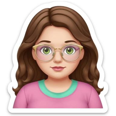 Girl girl long wavy brown hair with middle part, pale green eyes, plus size, pink girly top, gold rimmed glasses sticker