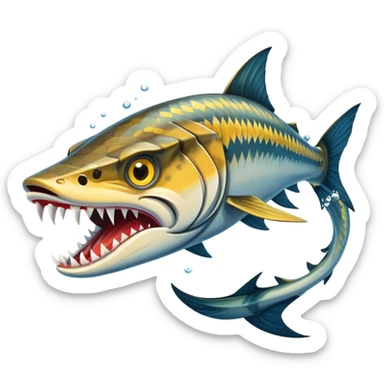 An angry barracuda swims swiftly through the water, its sharp teeth bared and ready for action sticker