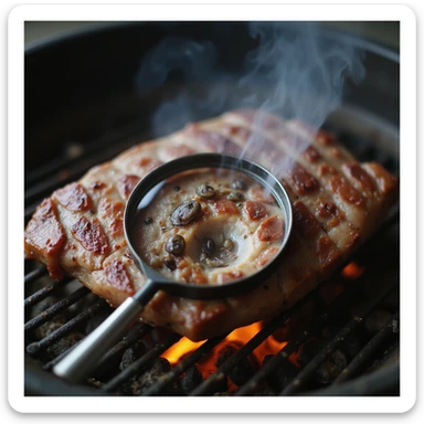 symbolic scene: cooked pork meat on grill, magnifying glass showing live parasites inside, alert atmosphere, 4K quality sticker