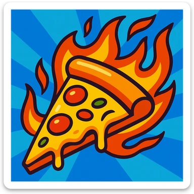 pizza slice with flames, energetic illustration, vibrant and dynamic, bold colorful cartoon style sticker