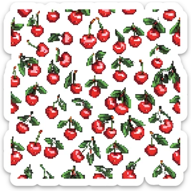 Pixel art of a small bunch of red cherries with green stems sticker