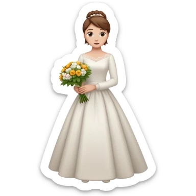 Chica blanca, cabello castaño, recogido en moño alto con mechones, vestido novia de manga larga, cuerpo entero, ramo de flores en una mano sticker