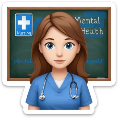 university classroom that says Mental Health Nursing on the blackboard with a pretty female nursing student with long brown hair, blue eyes sticker