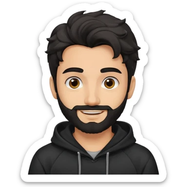 young fair skin pakistani guy smiling with black beard, wavy hair pushed back and brown eyes and thick eyebrows wearing black hoodie sticker