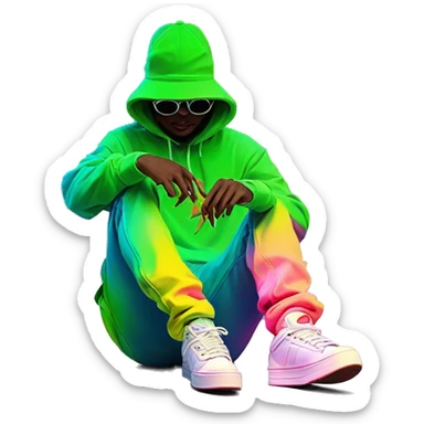 Hemp leaves Multicoloured neon person smoking wearing hoodie dancing hip hop bucket hat tropical Skater fashion aesthetic baggy clothes graphic t shirt 420 sticker