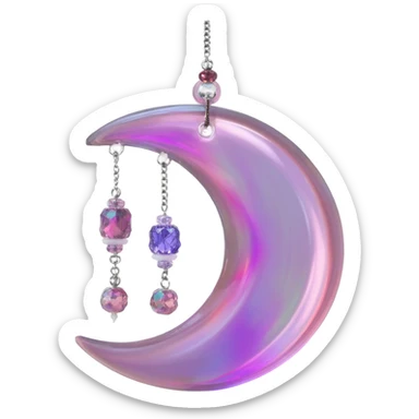 Iridescent shiny transparent pastel purple-pink-indigo-violet crescent Dreamcatcher-suncatcher hanging from a thread, with gemstones, and beads sticker