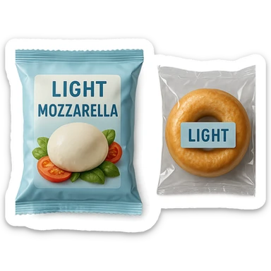 PACCHTTO DI MOZZARELLA LIGHT CON LA SCRITTA "LIGHT" SULLA CONFEZIONE, ACCANTO AD UN DONUT CONFEZIONATO CON LA SCRITTA "LIGHT" SULL'ETICHETTA,  iperrealistico 4k sticker