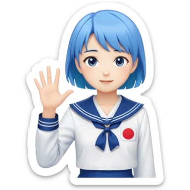 Anime girl with short bright blue hair wearing Japanese sailor style school uniform, composed posture with hand on hip but shyly waving with other hand, blushing face and timid smile sticker