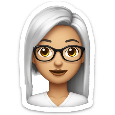 Mulher de pele parda com cabelo médio, preto, sobrancelhas grossas, olhos brilhantes, óculos, boca rosada, olhos castanhos, duas covinhas, blusa de gola alta preta   sticker