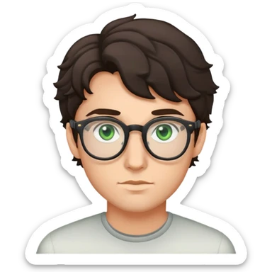 young man with dark slightly curled hair wearing glasses with green eyes sticker