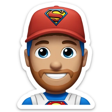 Superman with a goat, blue eyes, reddish hair, freckles, reddish beard, backwards ball cap sticker