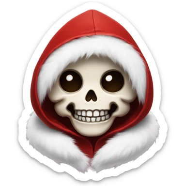 Cute, happy little skull wearing a red velvet hood with fluffy white fur trim. sticker