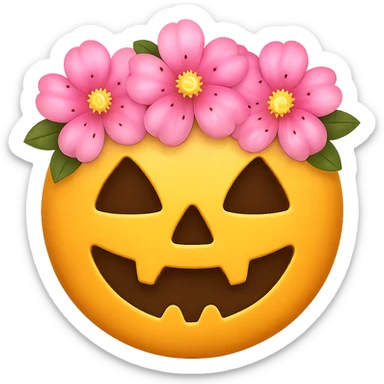 halloween yellow face with pink flower crown emoji, digital illustration, remove background sticker