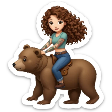cute woman long curly brown hair tattoos riding bear sticker