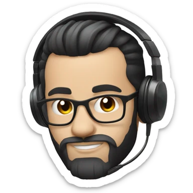 a DJ with white skin, using a headset, "horns", straight black hair that is piled up at the front forming a topknot and a gradient beard joining the hair, he is 35 years old. sticker