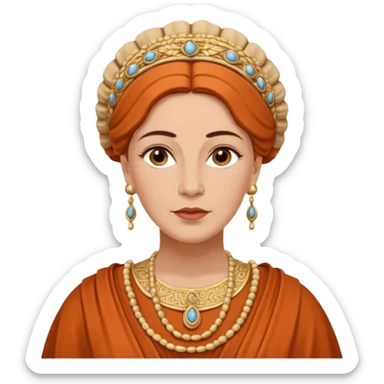 An emoji portrait of a mature Greek noblewoman. She wears a terracotta-colored chiton with intricate embroidery. Her hair is styled in an elegant updo, and she has a calm, wise expression. sticker