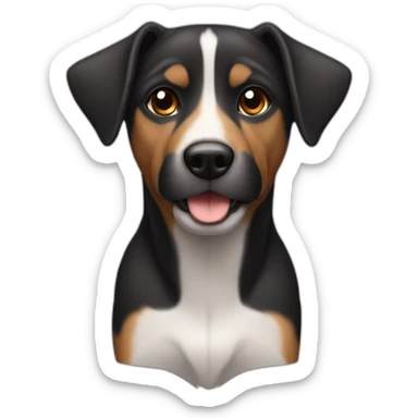 Black small mixed breed dog with down turned ears and brown face accents and a gray snout sticker