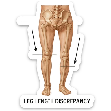 Medical style hyperrealistic posterior view highlighting very clearly the difference in leg length: one leg visibly shorter than the other. Add arrows, reference lines, and an anatomical caption to make the concept immediately understandable. No background. Variation 5. sticker