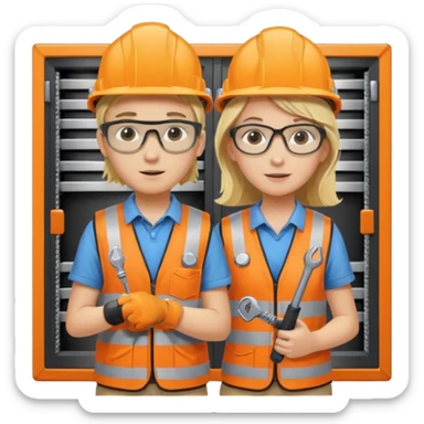 Boy and girl(blond hair) pushing Data center rack servers. They wearing helmet, ear protection, safety glass, orange vest. Holding drill and wrench sticker