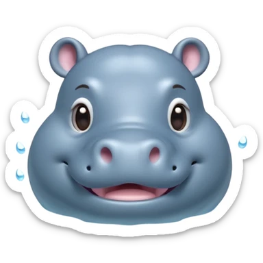 A 3D cartoon hippopotamus half-submerged in water, smiling gently, soft lighting, rounded body and glossy texture, cute Memoji-style look. sticker