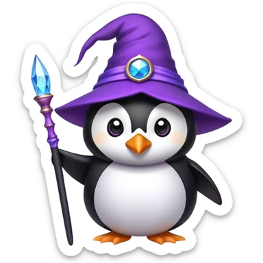 Penguin wearing a purple wizard hat and holding a magic wand sticker