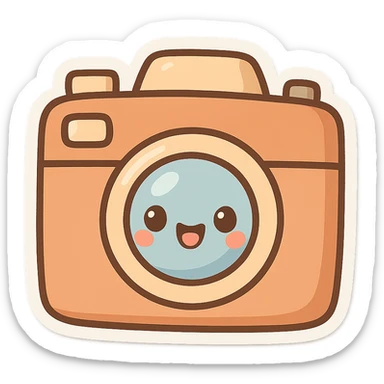 chibi sticker-style camera with a smiling face, cute and exaggerated sticker