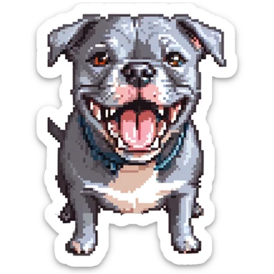 round circle puppy head only, full grey bleu staffy, big open mouth, big tongue out, stupid expression sticker