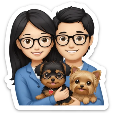 “An Asian girl with long, wavy black hair (loose, no hair tie) next to her smiling boyfriend—a light brown-skinned man with a Korean-style haircut and glasses. Together, they’re holding a small Yorkshire Terrier sticker