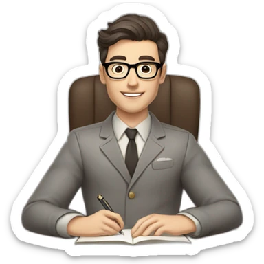 Pale skinned Fit Man With dark brown hair in gray jacket, beige office shirt and vintage glasses sitting In a soft chair with a notebook with emblem Ψ and a pen in his hands sticker