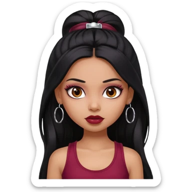a pretty bratz girl with long black hair, kajal under eyes, small silver hoop. Dark cherry red tank top on.  sticker