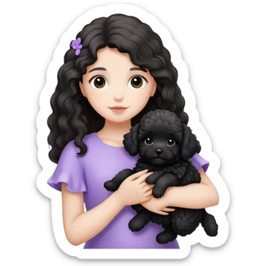 A long-haired girl holds a black maltipoo puppy in the lavender flowers sticker
