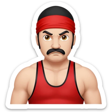 White skin fat guy with prominent black durag, short black beard and mustache, black eyes in a red and black wrestling singlet with angry face sticker